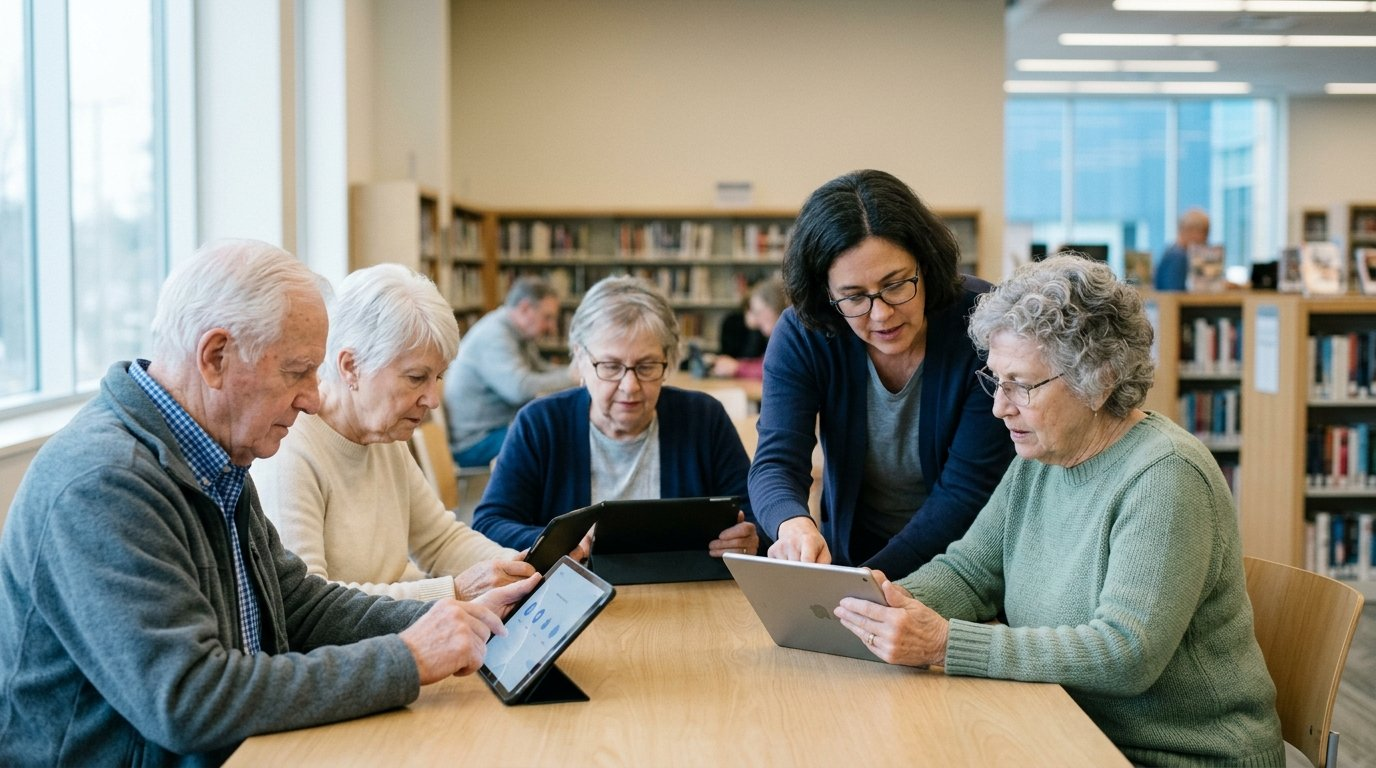 Ältere Menschen üben gemeinsam mit einer Helferin an Tablets in einer Bibliothek