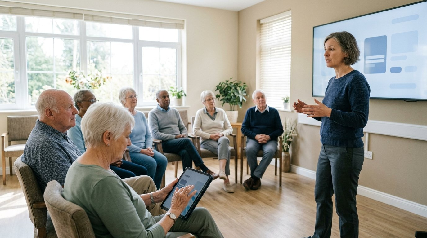 Ältere Menschen üben gemeinsam mit DigitalKlug an einem Lernort