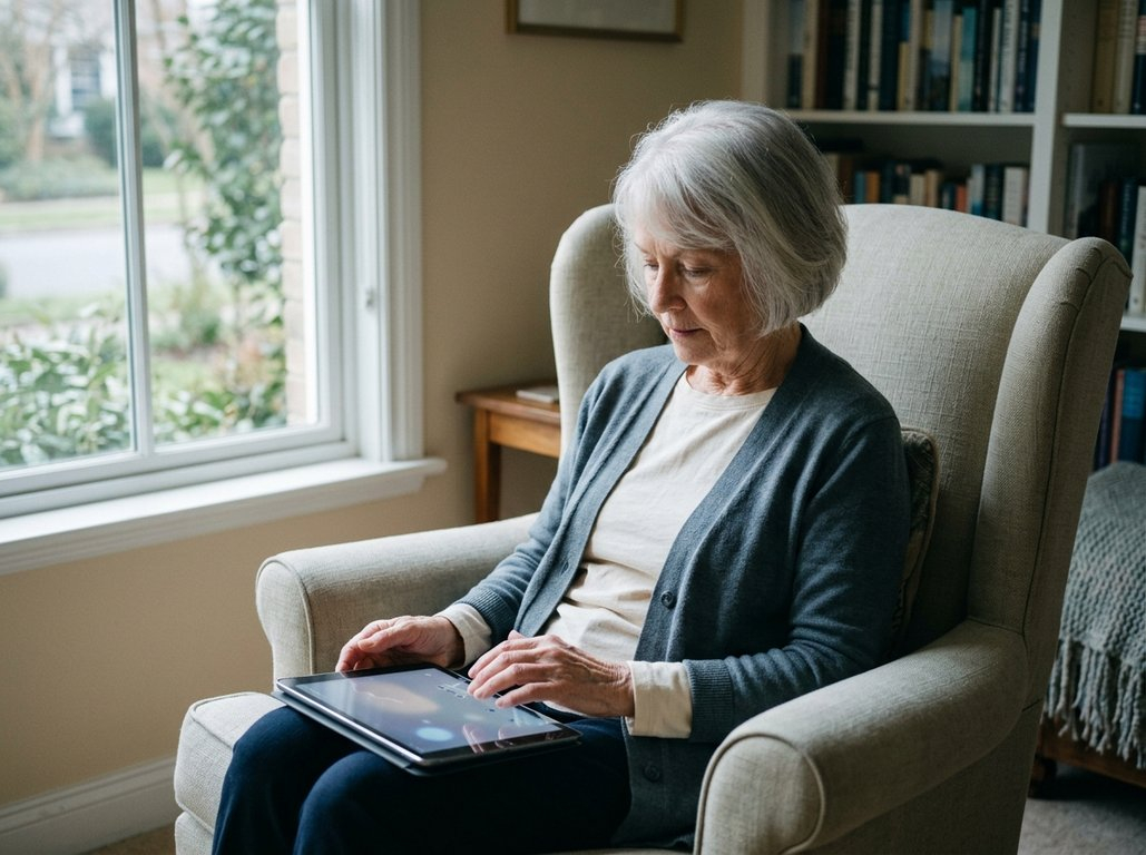Ältere Frau übt zuhause mit DigitalKlug auf dem Tablet weiter